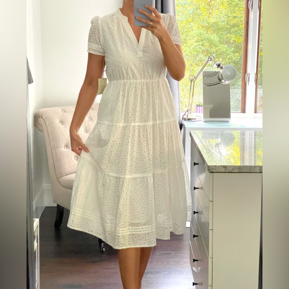New! Elegant or Casual White Eyelet Midi Dress with Short Sleeves and Full Skirt